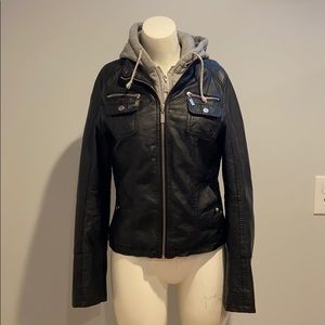 YMI Faux Leather Hooded Moto Jacket